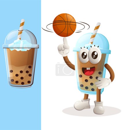 Cute Bubble Tea mascot playing basketball, freestyle with ball. Perfect for food store, small business or e-Commerce, merchandise and sticker, banner promotion, food review blog or vlog channe
