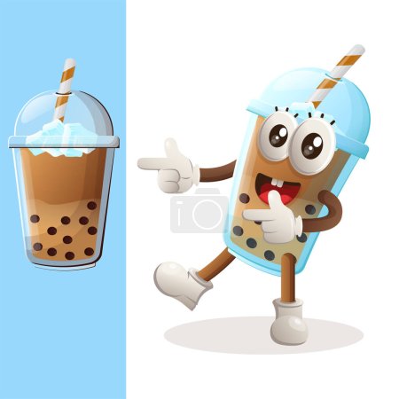 Cute Bubble Tea mascot playful with pointed hand. Perfect for food store, small business or e-Commerce, merchandise and sticker, banner promotion, food review blog or vlog channe