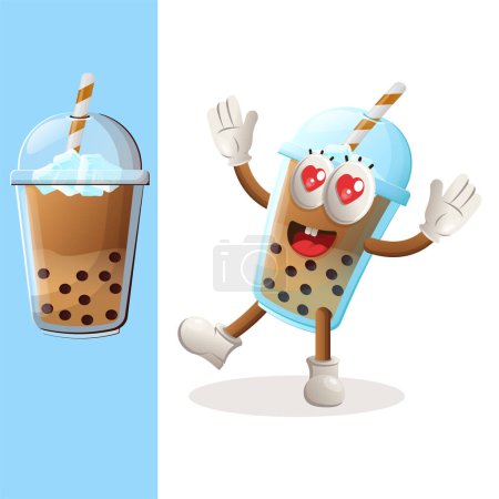 Illustration for Cute Bubble Tea mascot playful and happy. Perfect for food store, small business or e-Commerce, merchandise and sticker, banner promotion, food review blog or vlog channe - Royalty Free Image