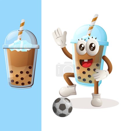 Illustration for Cute Bubble Tea mascot play football, soccer ball. Perfect for food store, small business or e-Commerce, merchandise and sticker, banner promotion, food review blog or vlog channe - Royalty Free Image