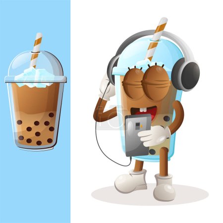 Illustration for Cute Bubble Tea mascot listening music on a smartphone using a headphone. Perfect for food store, small business or e-Commerce, merchandise and sticker, banner promotion, food review blog or vlog channe - Royalty Free Image