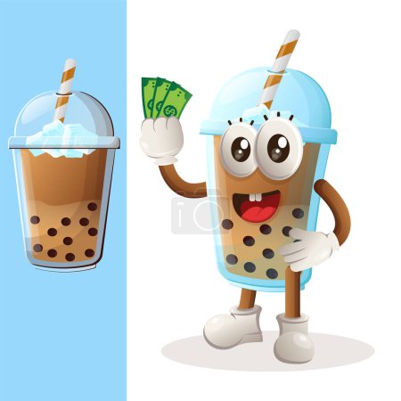 Illustration for Cute Bubble Tea mascot holding money. Perfect for food store, small business or e-Commerce, merchandise and sticker, banner promotion, food review blog or vlog channe - Royalty Free Image