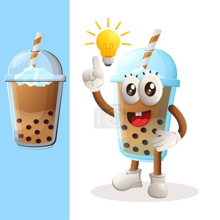 Illustration for Cute Bubble Tea mascot got an idea, bulb idea, inspiration. Perfect for food store, small business or e-Commerce, merchandise and sticker, banner promotion, food review blog or vlog channe - Royalty Free Image