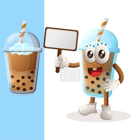 Illustration for Cute Bubble Tea mascot holding billboards for sale. Perfect for food store, small business or e-Commerce, merchandise and sticker, banner promotion, food review blog or vlog channe - Royalty Free Image