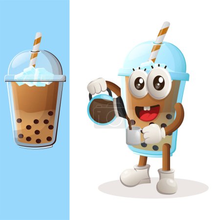 Illustration for Cute Bubble Tea mascot drinking coffee, coffee time. Perfect for food store, small business or e-Commerce, merchandise and sticker, banner promotion, food review blog or vlog channe - Royalty Free Image