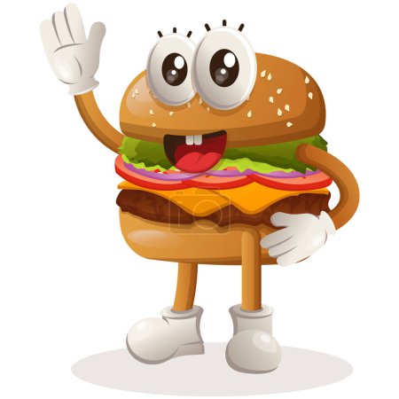 Téléchargez les photos : Mascotte hamburger mignon design agitant la main - en image libre de droit