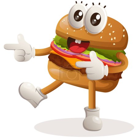 Cute burger mascot design playful with pointed hand