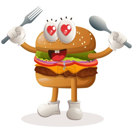 Téléchargez les photos : Mascotte hamburger design mignon tenant cuillère et fourchette - en image libre de droit