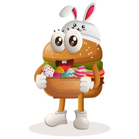 Ilustración de Linda hamburguesa con la gorra de conejo con la celebración de huevo de Pascua en la cesta. Perfecto para tiendas de alimentos, pequeñas empresas o comercio electrónico, mercancía y pegatina, promoción de banners, blog de revisión de alimentos o vlog channe - Imagen libre de derechos