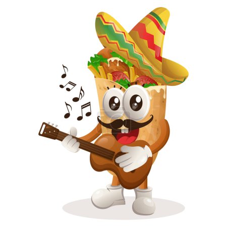 Téléchargez les illustrations : Mascotte de burrito mignon avec chapeau mexicain et guitare. Parfait pour les magasins d'alimentation, les petites entreprises ou le commerce électronique, les marchandises et les autocollants, la promotion de bannières, le blog d'examen des aliments ou vlog channe - en licence libre de droit