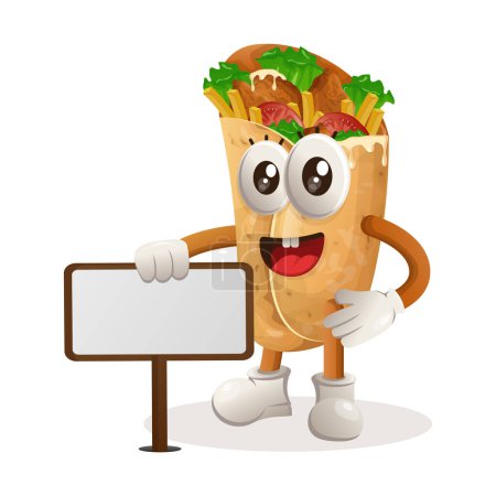 Téléchargez les illustrations : Jolie mascotte de burrito debout à côté d'un panneau d'affichage. Parfait pour les magasins d'alimentation, les petites entreprises ou le commerce électronique, les marchandises et les autocollants, la promotion de bannières, le blog d'examen des aliments ou vlog channe - en licence libre de droit