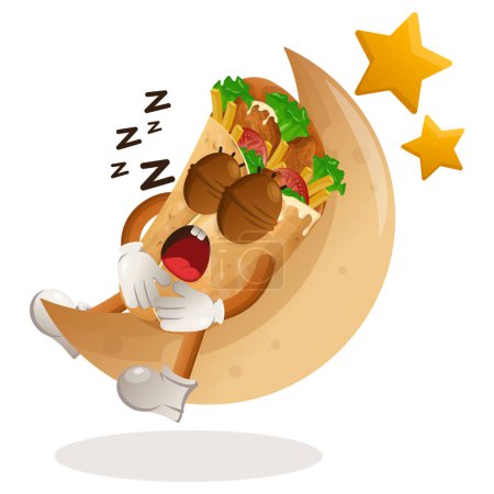 Téléchargez les illustrations : Mascotte de burrito mignon dormant, dormant sur la lune. Parfait pour les magasins d'alimentation, les petites entreprises ou le commerce électronique, les marchandises et les autocollants, la promotion de bannières, le blog d'examen des aliments ou vlog channe - en licence libre de droit