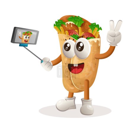 Téléchargez les illustrations : Mascotte de burrito mignon prend un selfie avec smartphone. Parfait pour les magasins d'alimentation, les petites entreprises ou le commerce électronique, les marchandises et les autocollants, la promotion de bannières, le blog d'examen des aliments ou vlog channe - en licence libre de droit