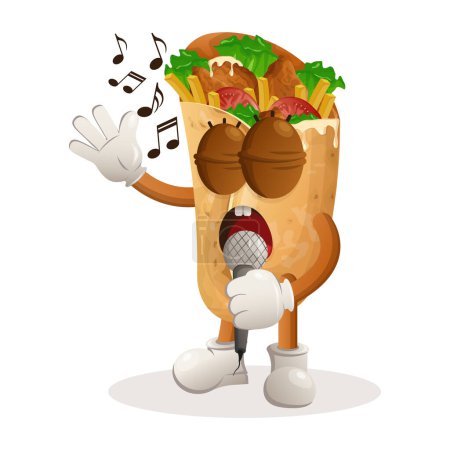 Téléchargez les illustrations : Jolie mascotte de burrito chantant, chanter une chanson. Parfait pour les magasins d'alimentation, les petites entreprises ou le commerce électronique, les marchandises et les autocollants, la promotion de bannières, le blog d'examen des aliments ou vlog channe - en licence libre de droit