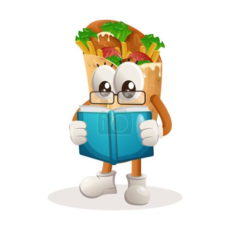 Téléchargez les illustrations : Jolie mascotte de burrito lisant un livre. Parfait pour les magasins d'alimentation, les petites entreprises ou le commerce électronique, les marchandises et les autocollants, la promotion de bannières, le blog d'examen des aliments ou vlog channe - en licence libre de droit