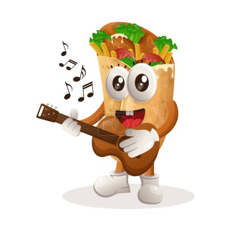 Téléchargez les illustrations : Jolie mascotte burrito jouant de la guitare. Parfait pour les magasins d'alimentation, les petites entreprises ou le commerce électronique, les marchandises et les autocollants, la promotion de bannières, le blog d'examen des aliments ou vlog channe - en licence libre de droit