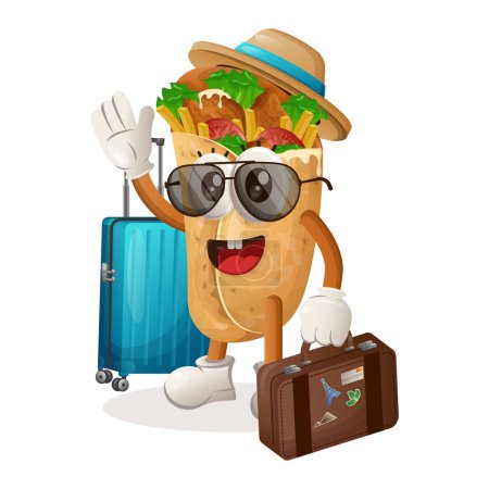 Téléchargez les illustrations : Mascotte de burrito mignon en vacances portant une valise. Parfait pour les magasins d'alimentation, les petites entreprises ou le commerce électronique, les marchandises et les autocollants, la promotion de bannières, le blog d'examen des aliments ou vlog channe - en licence libre de droit