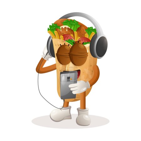 Téléchargez les illustrations : Mascotte de burrito mignon écoutant de la musique sur un smartphone à l'aide d'un casque. Parfait pour les magasins d'alimentation, les petites entreprises ou le commerce électronique, les marchandises et les autocollants, la promotion de bannières, le blog d'examen des aliments ou vlog channe - en licence libre de droit