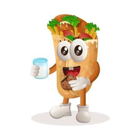 Illustration for Cute burrito mascot drink milk and eat cookie. Perfect for food store, small business or e-Commerce, merchandise and sticker, banner promotion, food review blog or vlog channe - Royalty Free Image