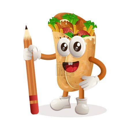 Téléchargez les illustrations : Jolie mascotte burrito tenant crayon. Parfait pour les enfants, les petites entreprises ou le commerce électronique, les marchandises et les autocollants, la promotion de bannières, le blog ou vlog channe - en licence libre de droit