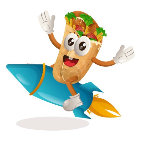 Téléchargez les illustrations : Jolie mascotte burrito volant sur fusée. Parfait pour les magasins d'alimentation, les petites entreprises ou le commerce électronique, les marchandises et les autocollants, la promotion de bannières, le blog d'examen des aliments ou vlog channe - en licence libre de droit