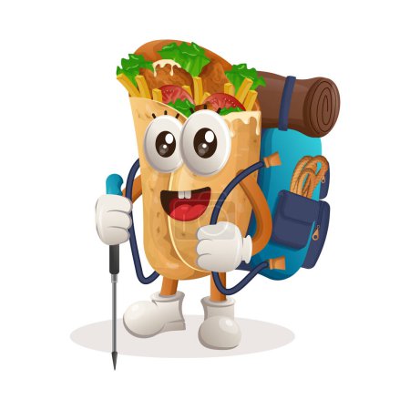 Téléchargez les illustrations : Mignon burrito mascotte aventure trekking. Parfait pour les magasins d'alimentation, les petites entreprises ou le commerce électronique, les marchandises et les autocollants, la promotion de bannières, le blog d'examen des aliments ou vlog channe - en licence libre de droit