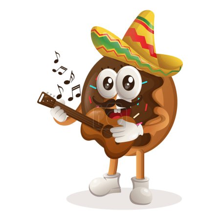 Ilustración de Linda mascota donut con sombrero mexicano con tocar la guitarra. Perfecto para tiendas de alimentos, pequeñas empresas o comercio electrónico, mercancía y pegatina, promoción de banners, blog de revisión de alimentos o vlog channe - Imagen libre de derechos
