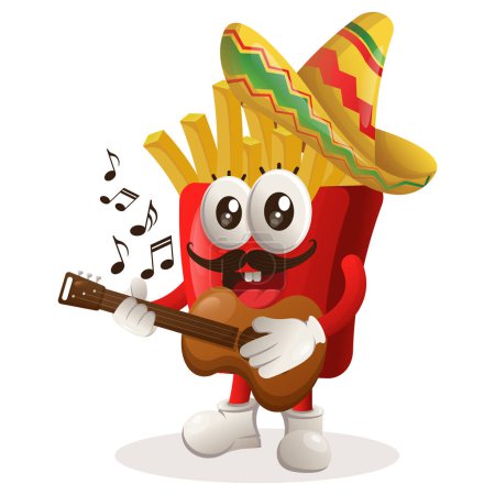 Ilustración de Linda mascota de papas fritas usando sombrero mexicano con tocar la guitarra. Perfecto para tiendas de alimentos, pequeñas empresas o comercio electrónico, mercancía y pegatina, promoción de banners, blog de revisión de alimentos o vlog channe - Imagen libre de derechos