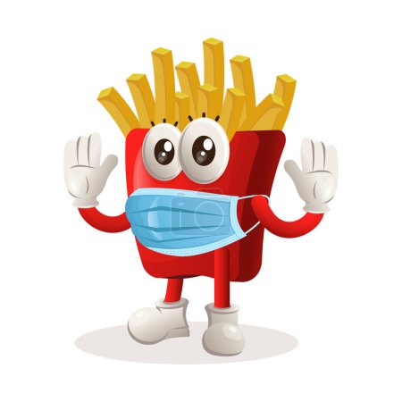 Illustration for Cute french fries mascot wearing medical mask, protect from covid-19. Perfect for food store, small business or e-Commerce, merchandise and sticker, banner promotion, food review blog or vlog channe - Royalty Free Image