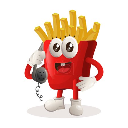 Illustration for Cute french fries mascot pick up the phone, answering phone calls. Perfect for food store, small business or e-Commerce, merchandise and sticker, banner promotion, food review blog or vlog channe - Royalty Free Image