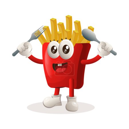 Cute french fries mascot holding spoon and fork. Perfect for food store, small business or e-Commerce, merchandise and sticker, banner promotion, food review blog or vlog channe