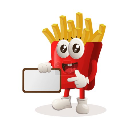 Illustration for Cute french fries mascot holding billboards for sale, sign board. Perfect for food store, small business or e-Commerce, merchandise and sticker, banner promotion, food review blog or vlog channe - Royalty Free Image