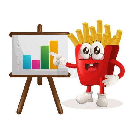 Illustration for Cute french fries mascot gives report presentation, shows column graphics. Perfect for food store, small business or e-Commerce, merchandise and sticker, banner promotion, food review blog or vlog channe - Royalty Free Image