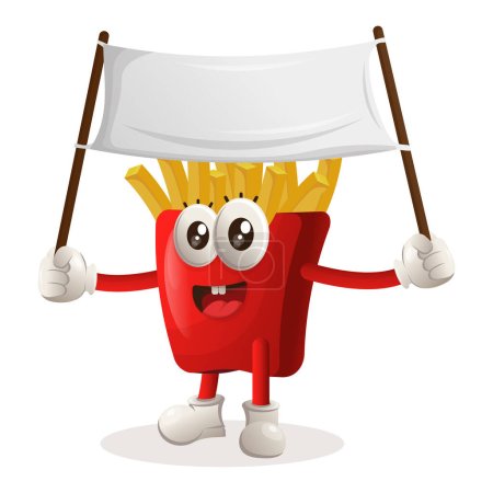 Cute french fries mascot holding blank banner. Perfect for food store, small business or e-Commerce, merchandise and sticker, banner promotion, food review blog or vlog channe