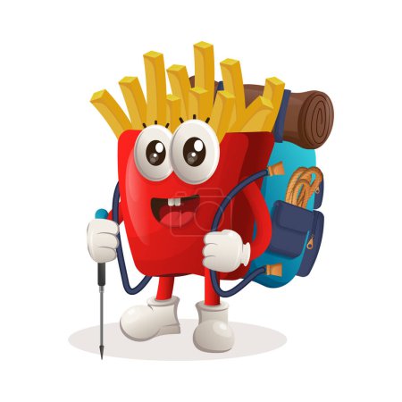 Illustration for Cute french fries mascot adventure trekking. Perfect for food store, small business or e-Commerce, merchandise and sticker, banner promotion, food review blog or vlog channe - Royalty Free Image