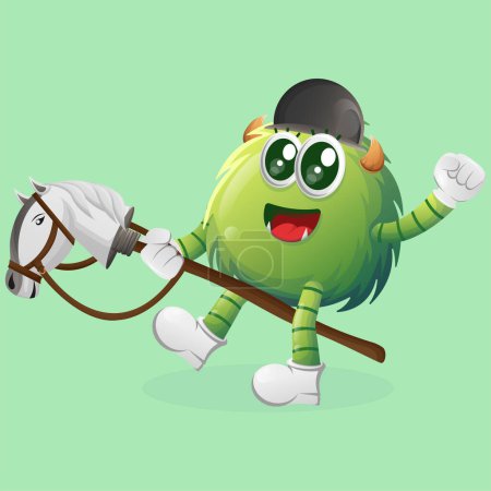 Illustration for Cute green monster playing with toy horse. Perfect for kids, small business or e-Commerce, merchandise and sticker, banner promotion, blog or vlog channe - Royalty Free Image