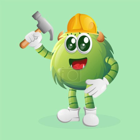 Illustration for Cute green monster builder holding hammer. Perfect for kids, small business or e-Commerce, merchandise and sticker, banner promotion, blog or vlog channe - Royalty Free Image