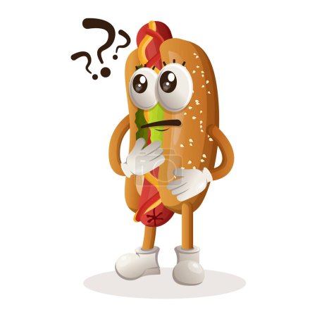 Nettes Hotdog-Maskottchen, das Fragen stellt. Perfekt für Lebensmittelgeschäft, Kleinunternehmen oder E-Commerce, Waren und Aufkleber, Banner Promotion, Food Review Blog oder vlog channe