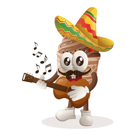 Ilustración de Linda mascota de helado con sombrero mexicano con tocar la guitarra. Perfecto para tiendas de alimentos, pequeñas empresas o comercio electrónico, mercancía y pegatina, promoción de banners, blog de revisión de alimentos o vlog channe - Imagen libre de derechos