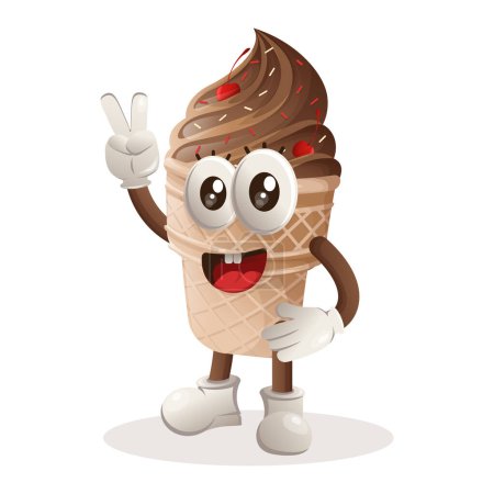 Illustration for Cute ice cream mascot with peace hand. Perfect for food store, small business or e-Commerce, merchandise and sticker, banner promotion, food review blog or vlog channe - Royalty Free Image