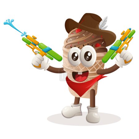 Illustration for Cute ice cream mascot playing with water gun toy. Perfect for food store, small business or e-Commerce, merchandise and sticker, banner promotion, food review blog or vlog channe - Royalty Free Image