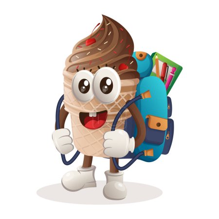 Illustration for Cute ice cream mascot carrying a schoolbag, backpack, back to school. Perfect for food store, small business or e-Commerce, merchandise and sticker, banner promotion, food review blog or vlog channe - Royalty Free Image