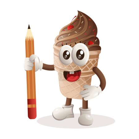 Illustration for Cute ice cream mascot holding pencil. Perfect for kids, small business or e-Commerce, merchandise and sticker, banner promotion, blog or vlog channe - Royalty Free Image