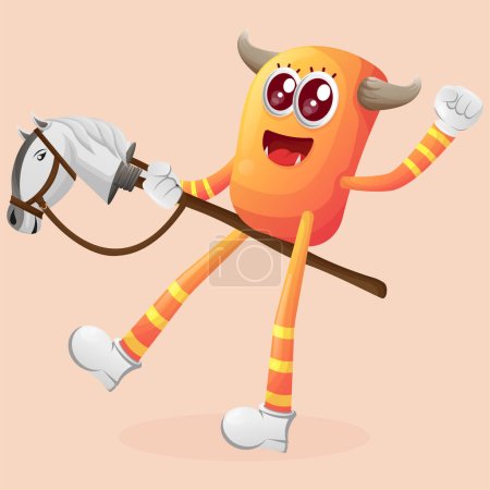 Illustration for Cute orange monster playing with toy horse. Perfect for kids, small business or e-Commerce, merchandise and sticker, banner promotion, blog or vlog channe - Royalty Free Image