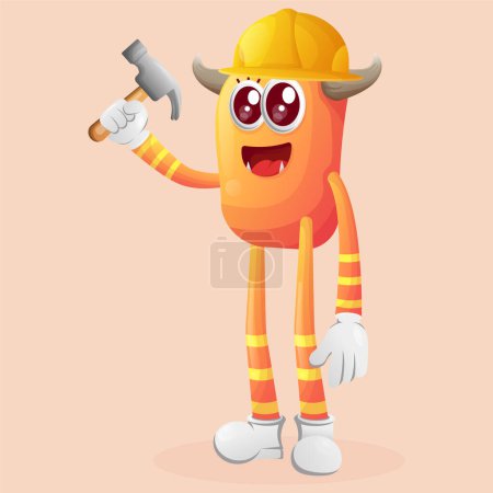 Illustration for Cute orange monster builder holding hammer. Perfect for kids, small business or e-Commerce, merchandise and sticker, banner promotion, blog or vlog channe - Royalty Free Image