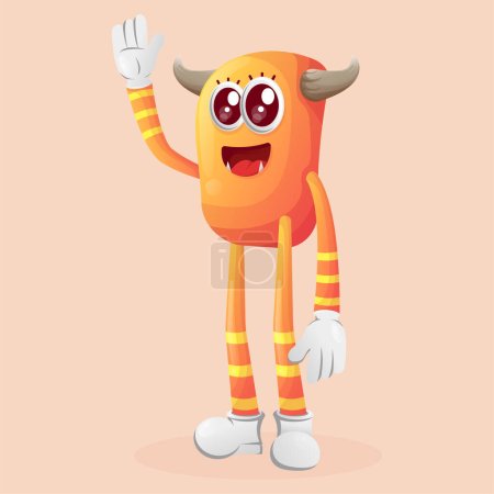 Illustration for Cute orange monster waving hand. Perfect for kids, small business or e-Commerce, merchandise and sticker, banner promotion, blog or vlog channe - Royalty Free Image