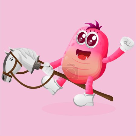 Illustration for Cute pink monster playing with toy horse. Perfect for kids, small business or e-Commerce, merchandise and sticker, banner promotion, blog or vlog channe - Royalty Free Image