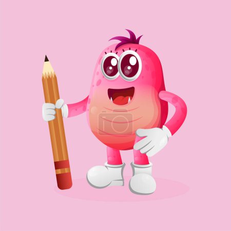 Téléchargez les photos : Mignon monstre rose tenant crayon. Parfait pour les enfants, les petites entreprises ou le commerce électronique, les marchandises et les autocollants, la promotion de bannières, le blog ou vlog channe - en image libre de droit
