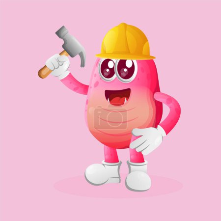 Illustration for Cute pink monster builder holding hammer. Perfect for kids, small business or e-Commerce, merchandise and sticker, banner promotion, blog or vlog channe - Royalty Free Image