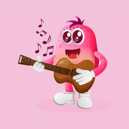Téléchargez les photos : Mignon monstre rose jouant de la guitare. Parfait pour les enfants, les petites entreprises ou le commerce électronique, les marchandises et les autocollants, la promotion de bannières, le blog ou vlog channe - en image libre de droit